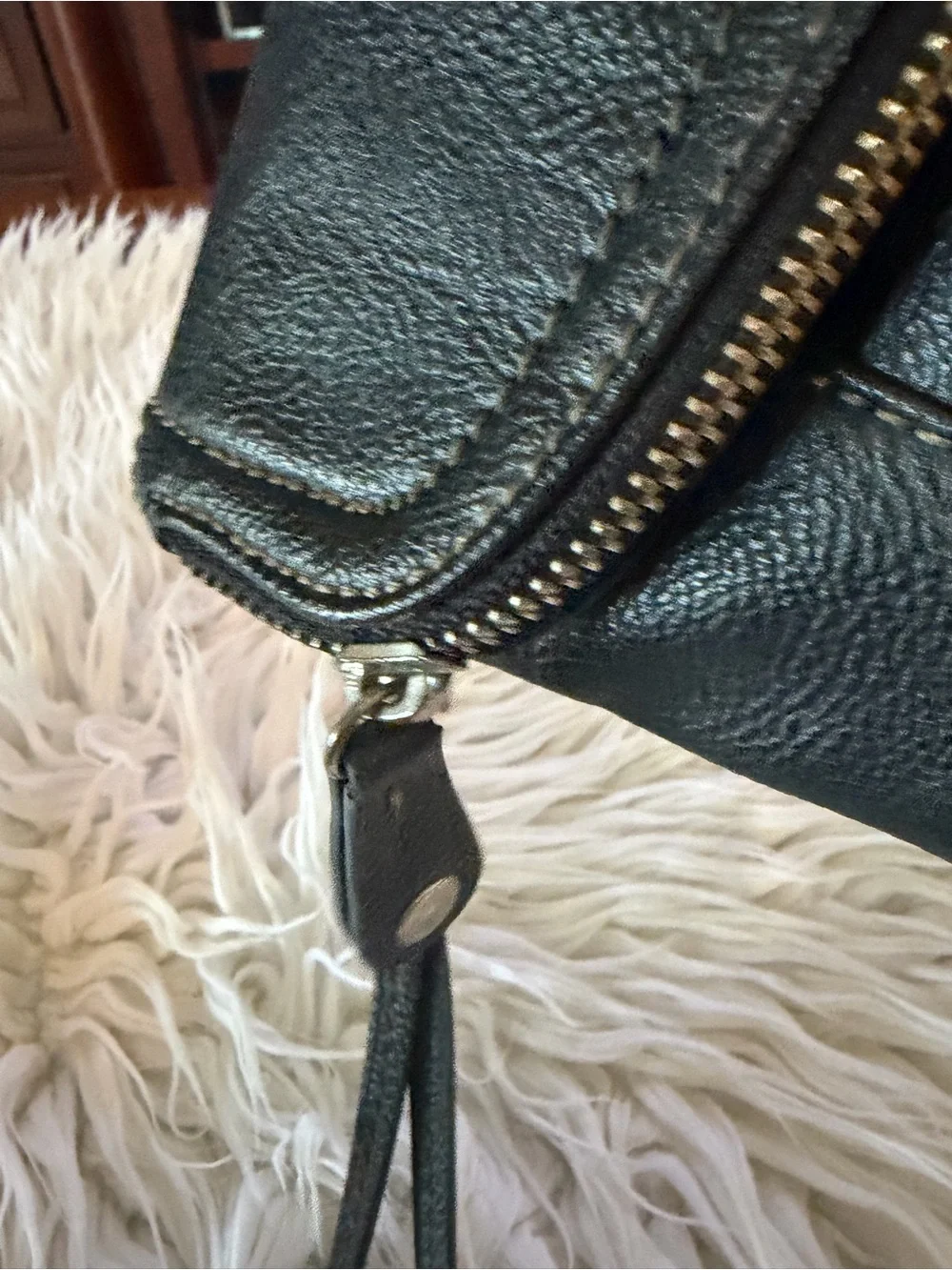 Nine West Black Leather Zip-Top Wristlet Clutch